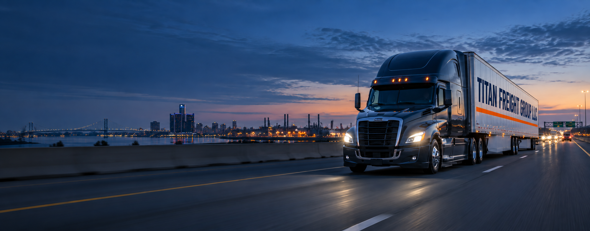 Semi truck hauling freight past the Detroit skyline at blue hour